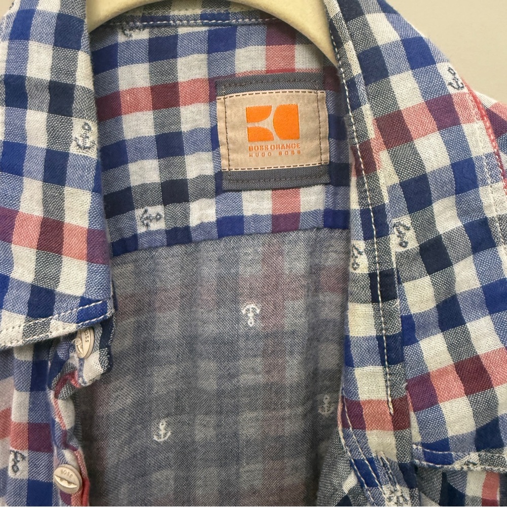 Hugo Boss Orange Mens Red Navy Long Sleeve Button Up Size L - Picture 2 of 4